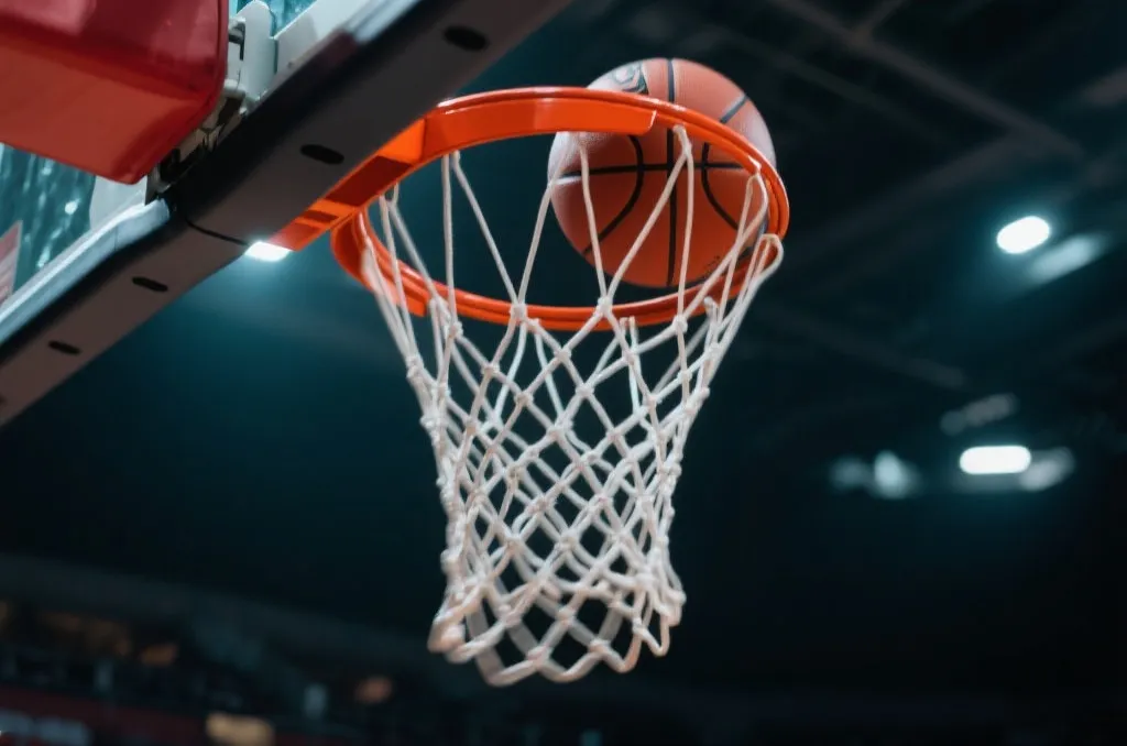 An action shot of a basketball entering a clean basketball net, with a dramatic motion blur background of an indoor arena, cinematic lighting.