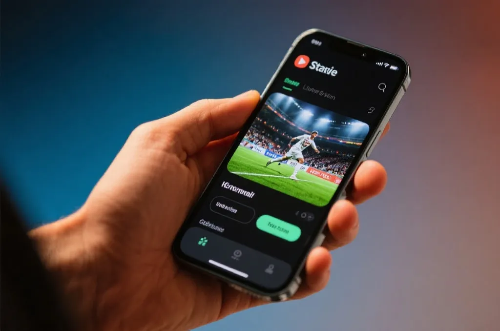 A close-up of a hand holding a sleek bezel-less smartphone showing a live sports streaming app interface with vibrant action on screen