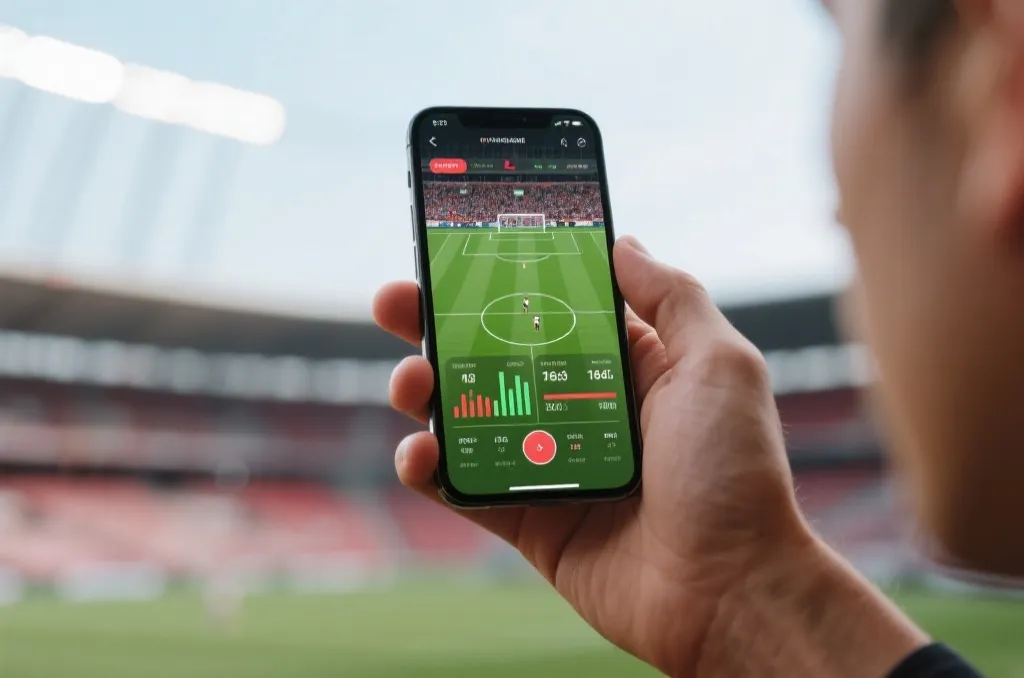 Close-up of a person holding a modern smartphone displaying a live football game with graphic statistics overlay, stadium background out of focus